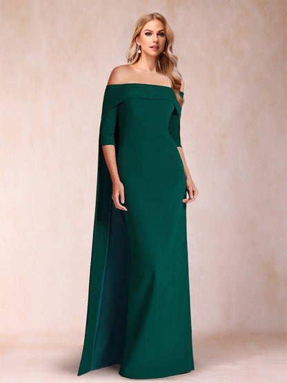 Robe de Mère de la Mariée Longue, Fourreau/Colonne, Épaules Dénudées, Manches Mi-Longues avec Cape