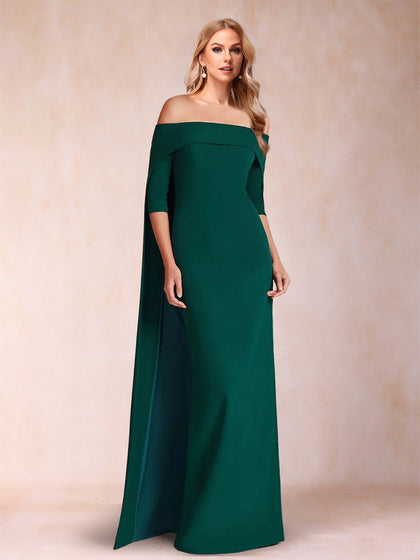 Robe de Mère de la Mariée Longue, Fourreau/Colonne, Épaules Dénudées, Manches Mi-Longues avec Cape