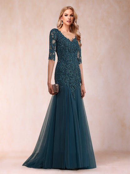 Robe de Mère de la Mariée Longue, Style Sirène, Col en V, Manches Mi-Longues avec Appliques