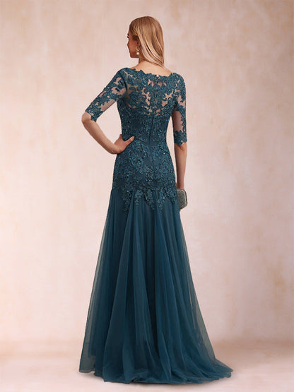 Robe de Mère de la Mariée Longue, Style Sirène, Col en V, Manches Mi-Longues avec Appliques