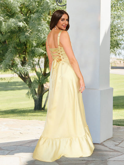 Robe de Demoiselled'Honneur Coupe A/Princesse, Longueur au Sol, à Lacets et Bretelles Fendues Sur le Côté