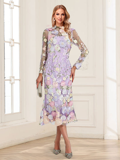 Robe de Mère de la Mariée à Fleurs, Coupe Fourreau/Colonne, Col Haut, Longueur Thé, Manches Longues avec Appliques