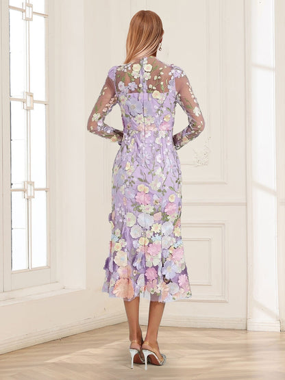 Robe de Mère de la Mariée à Fleurs, Coupe Fourreau/Colonne, Col Haut, Longueur Thé, Manches Longues avec Appliques