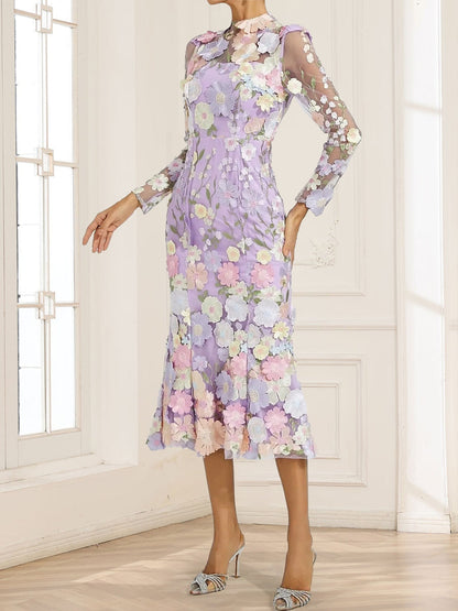 Robe de Mère de la Mariée à Fleurs, Coupe Fourreau/Colonne, Col Haut, Longueur Thé, Manches Longues avec Appliques