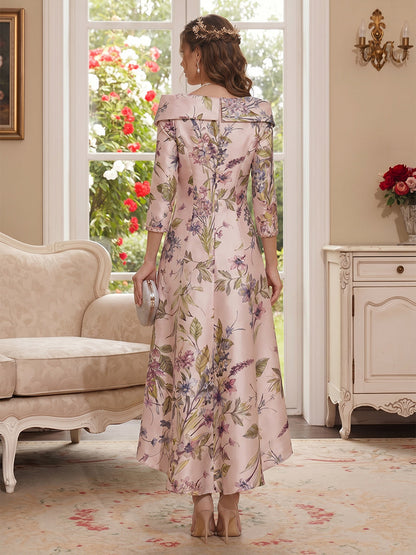 Robe Mère de la Mariée Ligne A/Princesse Col en V Manches 3/4 Asymétrique à Imprimé Floral