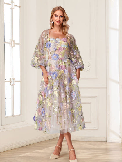 Robe Mère de la Mariée Coupe A-Line/Princesse, Col Carré, Manches Bouffantes, Longueur Thé, Motif Floral avec Appliques