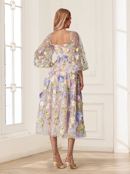 Robe Mère de la Mariée Coupe A-Line/Princesse, Col Carré, Manches Bouffantes, Longueur Thé, Motif Floral avec Appliques