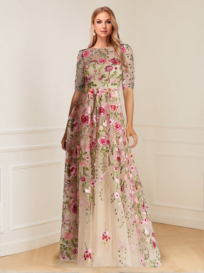 Robe de Mère de la Mariée à Fleurs, Coupe Trapèze/Princesse, Manches Mi-Longues, Décolleté Plongeant