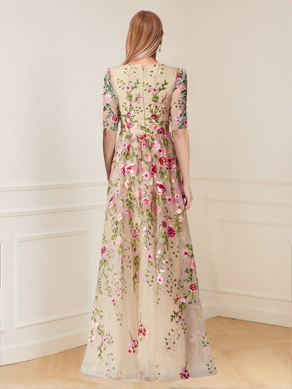Robe de Mère de la Mariée à Fleurs, Coupe Trapèze/Princesse, Manches Mi-Longues, Décolleté Plongeant