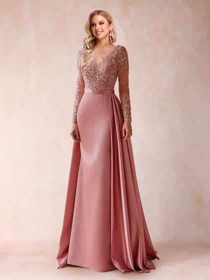 Robe de Mère de la Mariée Plissée, Coupe Trapèze/Princesse, Manches Longues, Longueur au Sol avec Appliques
