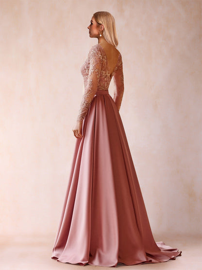Robe de Mère de la Mariée Plissée, Coupe Trapèze/Princesse, Manches Longues, Longueur au Sol avec Appliques