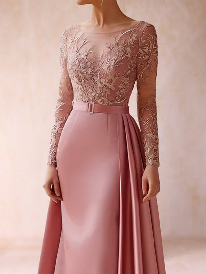 Robe de Mère de la Mariée Plissée, Coupe Trapèze/Princesse, Manches Longues, Longueur au Sol avec Appliques