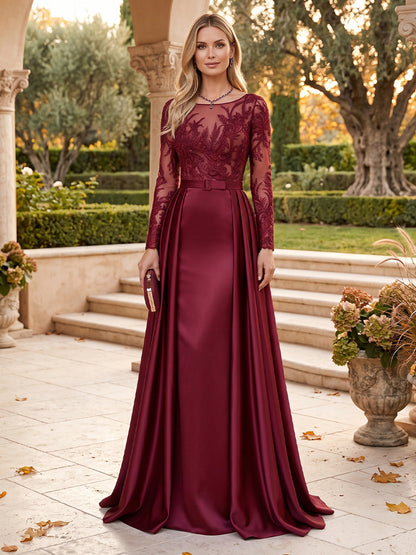 Robes pour mère de la mariée (style trapèze/princesse) encolure arrondie, manches longues, longueur au sol, plissées, avec applications et ceinture
