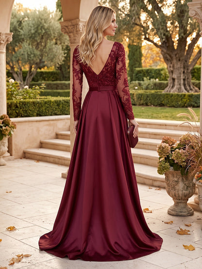 Robes pour mère de la mariée (style trapèze/princesse) encolure arrondie, manches longues, longueur au sol, plissées, avec applications et ceinture