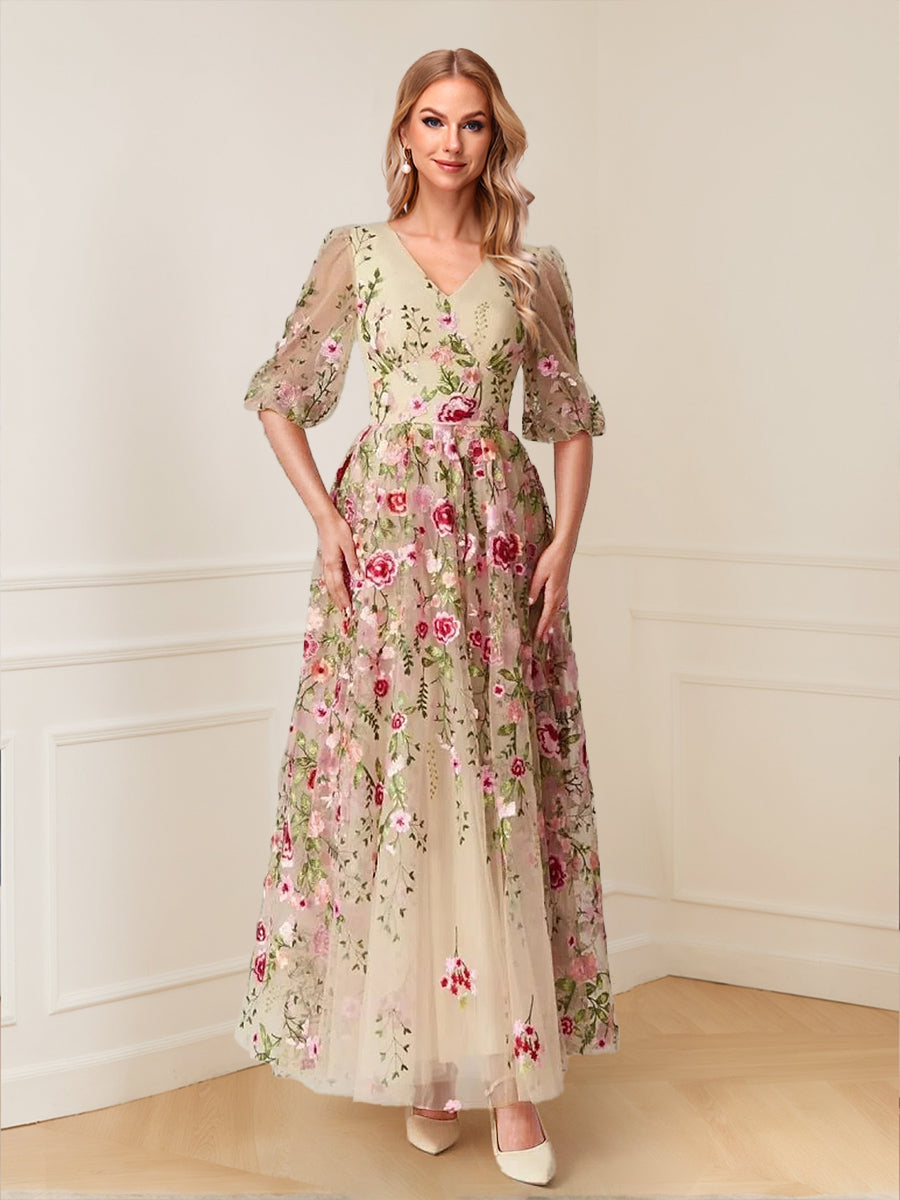 Robe Mère de la Mariée à Fleurs, Coupe Trapèze/Princesse, Col en V