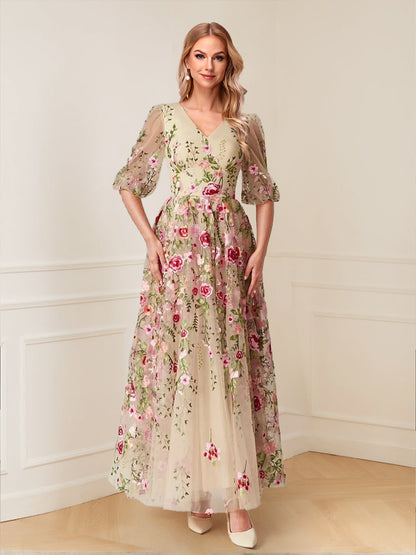 Robe Mère de la Mariée à Fleurs, Coupe Trapèze/Princesse, Col en V, Manches Mi-Longues, Longueur au Sol
