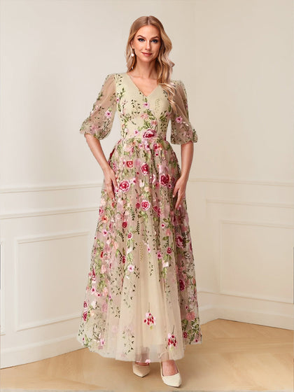Robe Mère de la Mariée à Fleurs, Coupe Trapèze/Princesse, Col en V, Manches Mi-Longues, Longueur au Sol