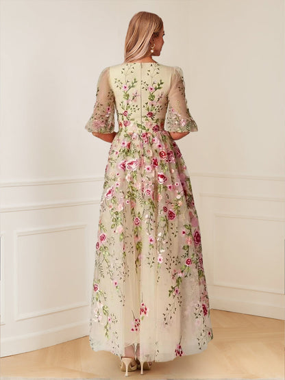 Robe Mère de la Mariée à Fleurs, Coupe Trapèze/Princesse, Col en V, Manches Mi-Longues, Longueur au Sol