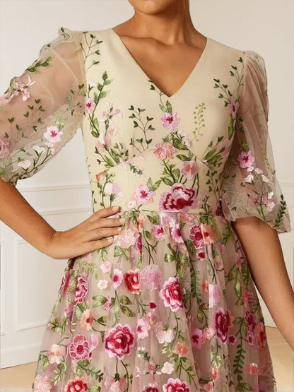 Robe Mère de la Mariée à Fleurs, Coupe Trapèze/Princesse, Col en V, Manches Mi-Longues, Longueur au Sol