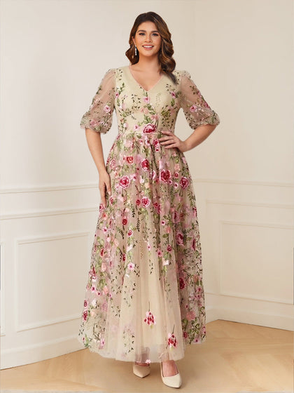 Robe longue de la mère de la mariée grande taille trapèze, à motif floral, col en V et demi-manches