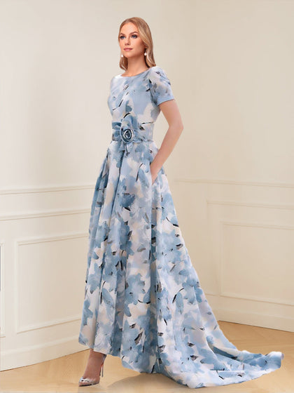 Robe Mère de la Mariée Coupe A-Line/Princesse, Manches Courtes, Imprimé Floral avec Poches
