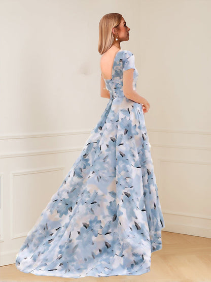 Robe Mère de la Mariée Coupe A-Line/Princesse, Manches Courtes, Imprimé Floral avec Poches