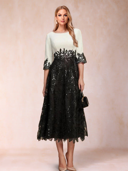 Robe de Mère de la Mariée Coupe A-Line/Princesse, Manches Mi-Longues, Décolleté Plongeant avec Appliques
