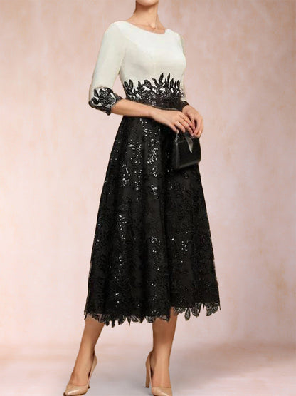 Robe de Mère de la Mariée Coupe A-Line/Princesse, Manches Mi-Longues, Décolleté Plongeant avec Appliques