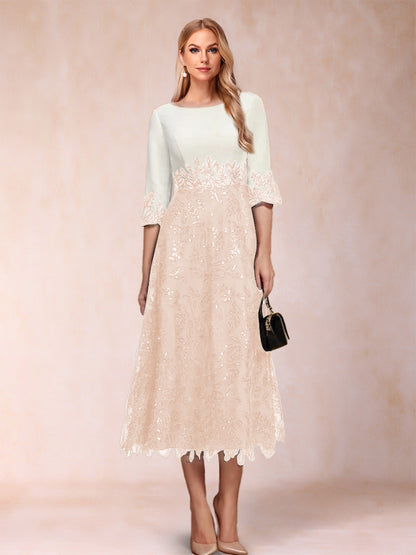 Robe de Mère de la Mariée Coupe A-Line/Princesse, Manches Mi-Longues, Décolleté Plongeant avec Appliques