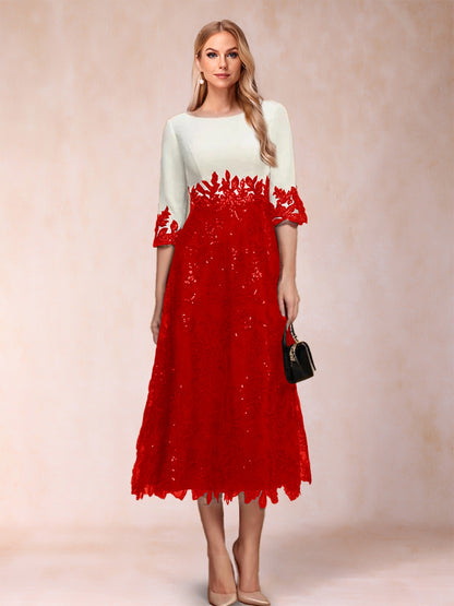 Robe de Mère de la Mariée Coupe A-Line/Princesse, Manches Mi-Longues, Décolleté Plongeant avec Appliques