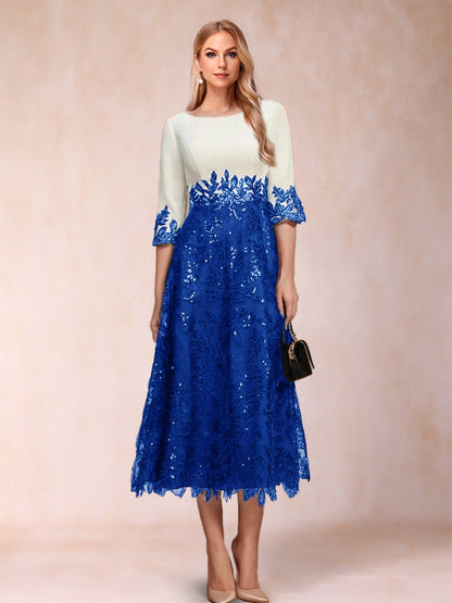 Robe de Mère de la Mariée Coupe A-Line/Princesse, Manches Mi-Longues, Décolleté Plongeant avec Appliques