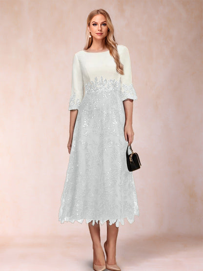 Robe de Mère de la Mariée Coupe A-Line/Princesse, Manches Mi-Longues, Décolleté Plongeant avec Appliques