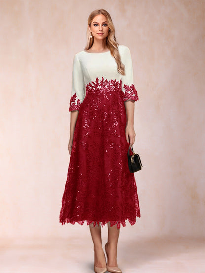 Robe de Mère de la Mariée Coupe A-Line/Princesse, Manches Mi-Longues, Décolleté Plongeant avec Appliques
