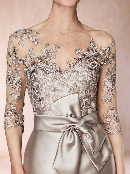 Robe de Mère de la Mariée Fourreau/Colonne, Illusion, Manches 3/4, Longueur Thé avec Appliques