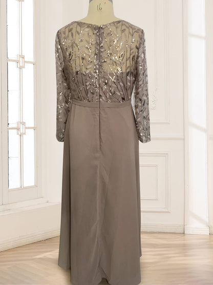 Robe de Mère de la Mariée Coupe A-Line/Princesse, Manches Longues, Longueur au Sol avec Appliques