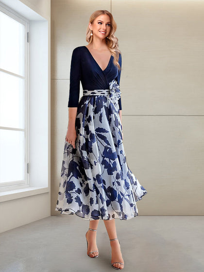 Robe Mère de la Mariée Coupe A-Line/Princesse, Col en V, Manches 3/4, Longueur Thé, Imprimé Floral