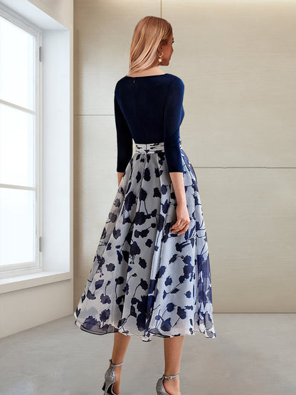 Robe Mère de la Mariée Coupe A-Line/Princesse, Col en V, Manches 3/4, Longueur Thé, Imprimé Floral