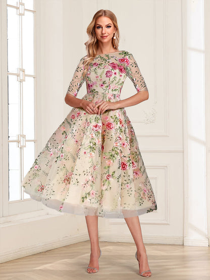 Robe de Mère de la Mariée Vintage, Coupe Trapèze/Princesse, Manches Mi-Longues avec Broderies Appliquées