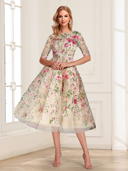 Robe de Mère de la Mariée Vintage, Coupe Trapèze/Princesse, Manches Mi-Longues avec Broderies Appliquées