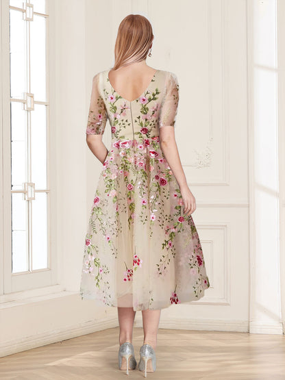 Robe de Mère de la Mariée Vintage, Coupe Trapèze/Princesse, Manches Mi-Longues avec Broderies Appliquées
