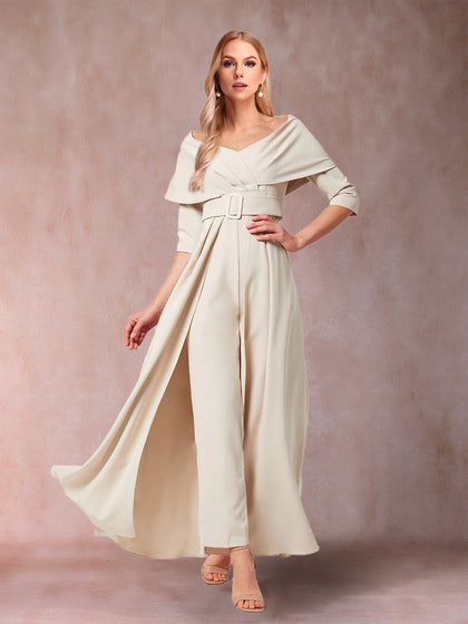 Tailleur Pantalon Plissé en Mousseline de Soie, Col en V, Manches 3/4, Longueur au Sol, Pour Mère de la Mariée avec Ceinture