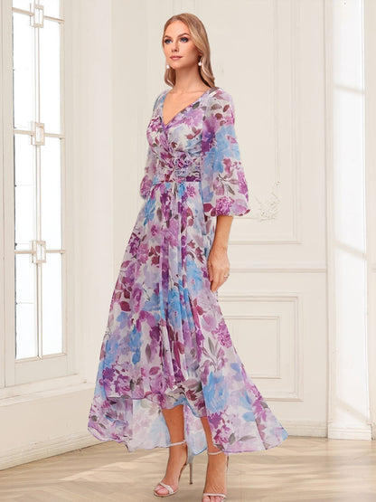 Robe Mère de la Mariée Coupe A-Line/Princesse, Col en V, Manches 3/4, Imprimé Floral Asymétrique
