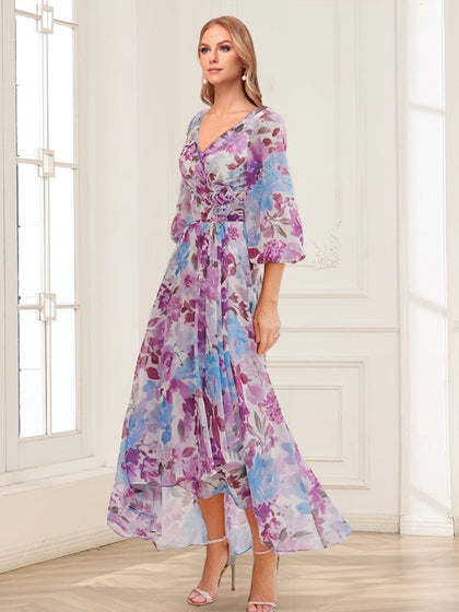 Robe Mère de la Mariée Coupe A-Line/Princesse, Col en V, Manches 3/4, Imprimé Floral Asymétrique