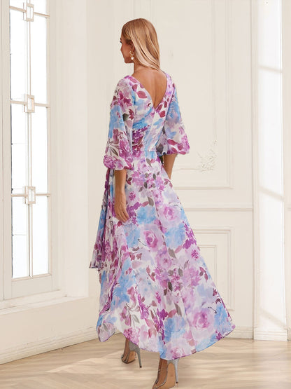 Robe Mère de la Mariée Coupe A-Line/Princesse, Col en V, Manches 3/4, Imprimé Floral Asymétrique