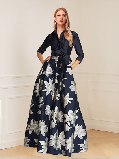 Robe Mère de la Mariée Coupe A-Line/Princesse, Col Chemise, Longueur au Sol, Manches 3/4, Imprimé Floral