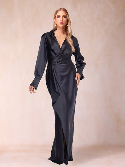 Robe de Mère de la Mariée à Col Chemise Fourreau/Colonne, Longueur au Sol, Manches Longues avec Volants