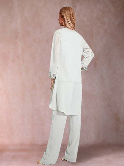 Ensemble 3 Pièces Pour Mère de la Mariée, en Mousseline, Manches Longues, Longueur au Sol avec Applications