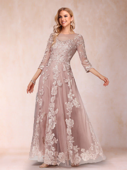 Robe de Mère de la Mariée Coupe A-Line/Princesse, Décolleté Illusion, Longueur au Sol, Manches 3/4 avec Appliques