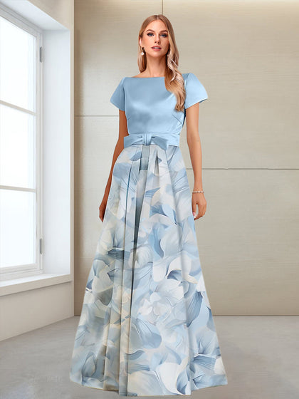 Robe Mère de la Mariée Coupe A-Line/Princesse, Col Bateau, Manches Courtes, Imprimé Floral avec Nœud