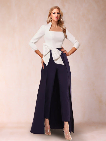 Tailleur Pantalon Pour Mère de la Mariée, Col Carré, Manches 3/4, Longueur au Sol avec Nœud